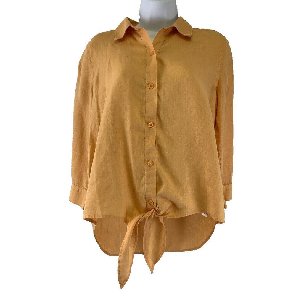 Chicos Orange No Iron Linen Blouse Button Down Tie Front High Low Women XS Small